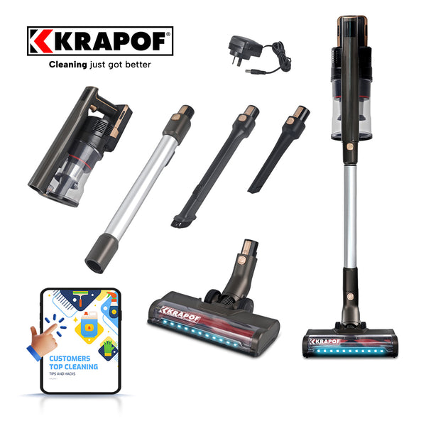 Krapof vacuum cleaner with attachments and app on a white background