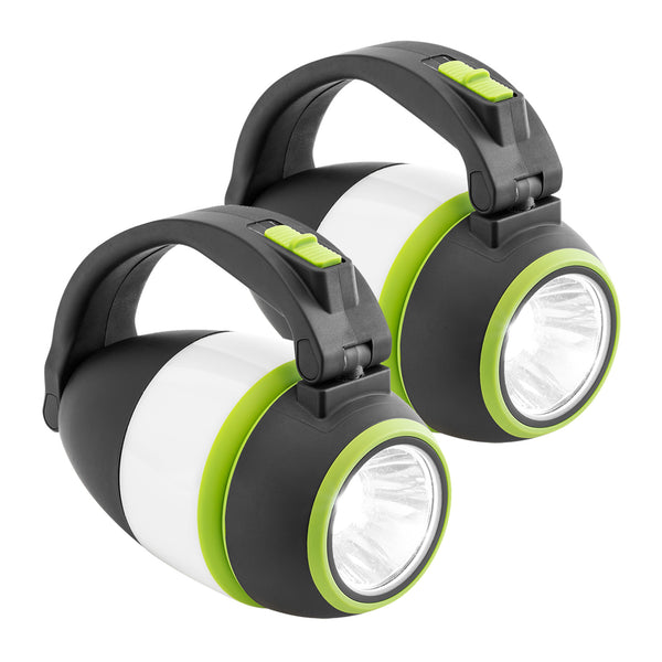 Two black and green Kleva Range Smart Light handhelds with large handles and wide lenses sit side by side, beams facing forward—making the Kleva Smart Light 3 in 1 perfect for camping or outdoor adventures.