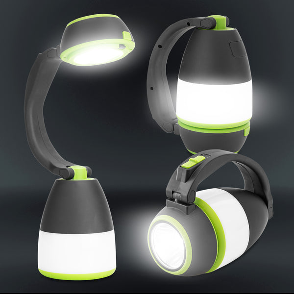 Three views of the Kleva Smart Light by Kleva Range, a black and green 3-in-1 multi-purpose lantern, are shown upright, hanging by its handle, and with the head extended upward—all illuminated against a dark background.