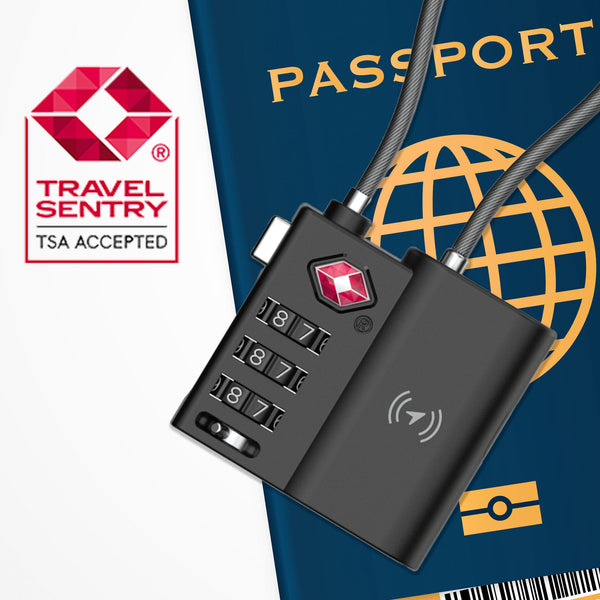 A Kleva Range TSA LockSmart Travel Tag Bluetooth Tracker for Apple Find My rests on a passport, with the Travel Sentry logo and TSA Accepted text shown. Includes FREE Travel Tips ebook—ideal security and convenience for your journey.