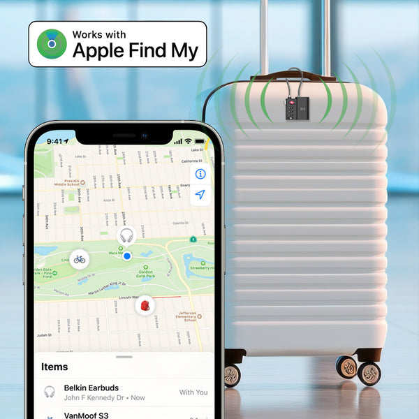 A smartphone displays the Kleva Range TSA LockSmart Travel Tag Bluetooth Tracker for Apple Find My, showing a map and tracked items, in front of a white suitcase with the tracker attached, indicating wireless tracking ability.