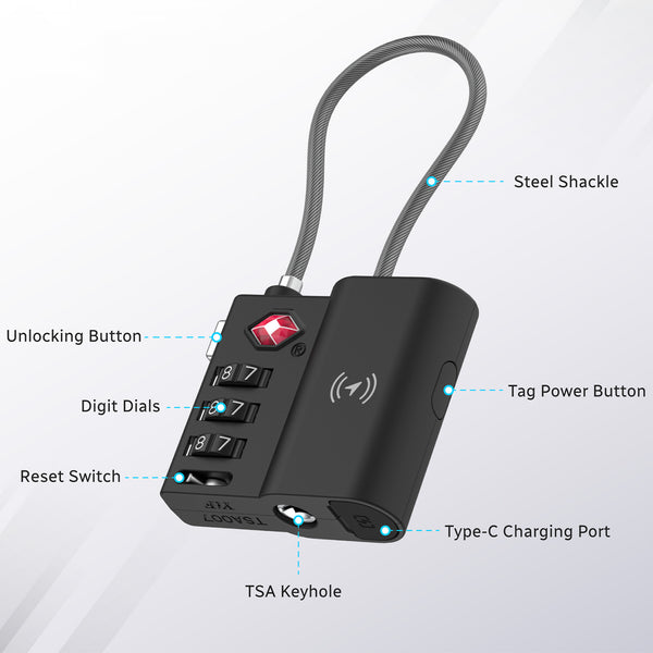 A labeled diagram of the Kleva Range TSA LockSmart Travel Tag Bluetooth Tracker for Apple Find My shows steel shackle, unlocking button, digit dials, reset switch, TSA keyhole, tag power button, and Type-C charging port—great for tracking lost luggage.