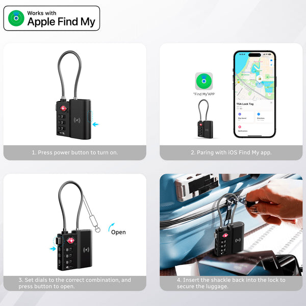 Instructional graphic shows four steps for using the Kleva Range TSA LockSmart Travel Tag Bluetooth Tracker for Apple Find My: turn on the lock, pair with app, set combo, and secure luggage by inserting shackle into suitcase zipper.