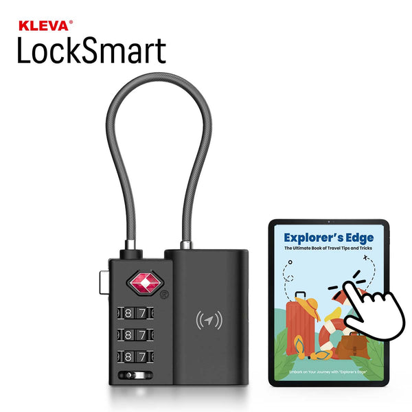 A black Kleva Range TSA LockSmart Travel Tag Bluetooth Tracker for Apple Find My sits beside a tablet showing the "Explorer’s Edge" ebook cover, with a hand icon pointing at the screen. Free Travel Tips ebook included.