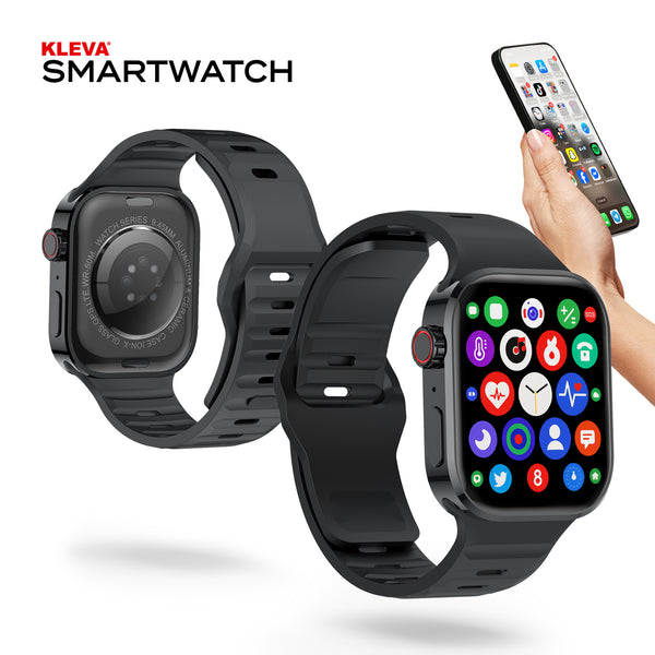 Two black Health Smart Watch Everyday Fitness Trackers by Kleva Range are shown from various angles with vibrant app icons and fitness tracking features. A hand holds a smartphone displaying matching icons. Text: Kleva Range.