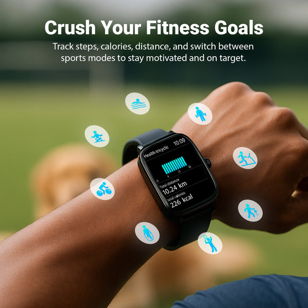 The Kleva Range Health Smart Watch Everyday Fitness Tracker, compatible with Android & iOS, displays distance, calories burned, steps, and heart rate on your wrist. Track your fitness goals easily with this advanced smartwatch.
