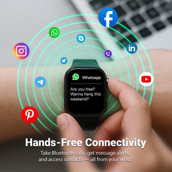 A user with the Kleva Range Health Smart Watch Everyday Fitness Tracker (Android & iOS) gets a WhatsApp message, surrounded by social media app icons. Text: “Hands-Free Connectivity—Bluetooth calls, alerts & fitness tracking on your wrist.”.
