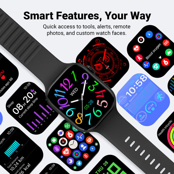 The Kleva Range Health Smart Watch Everyday Fitness Tracker features a black band and vibrant analog face, plus digital screens for health stats, fitness tracking, heart rate, weather, apps, notifications—smart tools for Android & iOS.