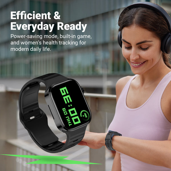 A woman in athletic wear and headphones checks her Kleva Range Health Smart Watch Everyday Fitness Tracker, compatible with Android & iOS. A close-up displays fitness tracking, power-saving mode, and heart rate monitoring features.