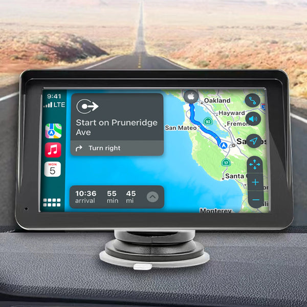 Kleva Smartplay portable Apple CarPlay display showing GPS navigation on car dashboard