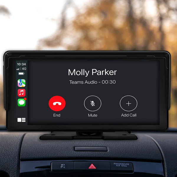 Portable CarPlay screen showing hands-free phone call interface on car dashboard display