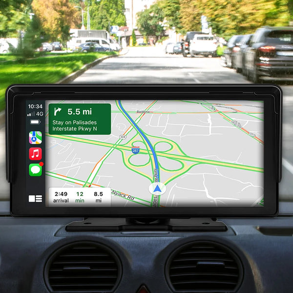Wireless Apple CarPlay navigation map displayed on portable car touchscreen for driving directions