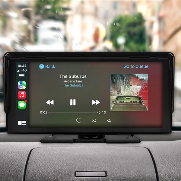 Portable CarPlay dashboard screen playing music through smartphone connection