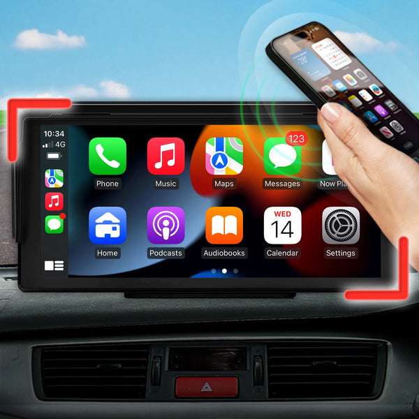 Wireless smartphone connection to portable CarPlay touchscreen display in vehicle