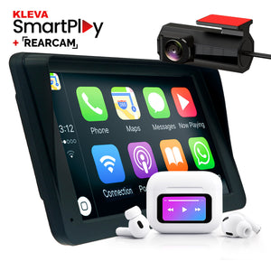 Kleva SmartPlay + Rearcam with touchscreen display and camera on a white background
