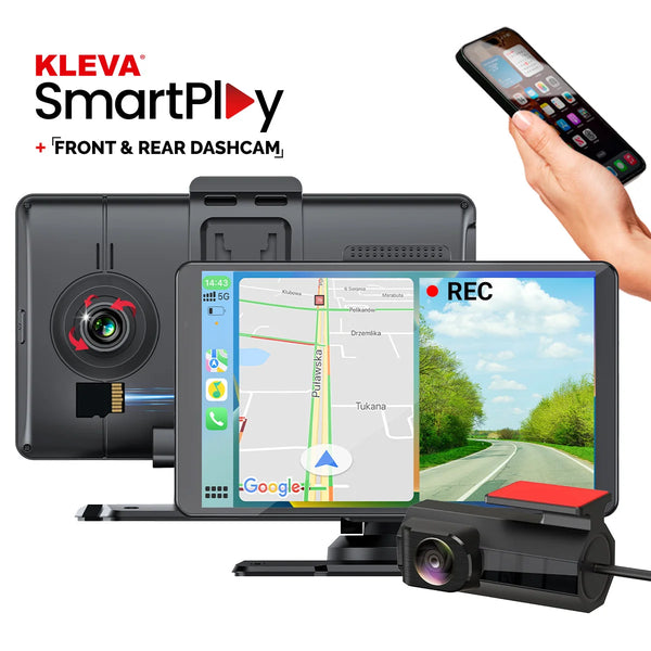 Kleva SmartPlay car touchscreen display with front and rear dashcam system for navigation and recording