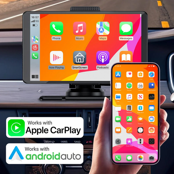 Portable car touchscreen display using Apple CarPlay and Android Auto with smartphone connectivity
