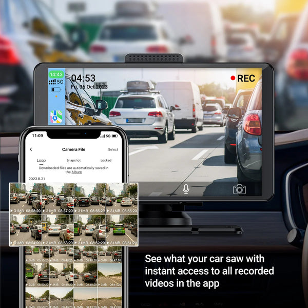 Built-in dashcam recording traffic footage with instant access to recorded videos in mobile app