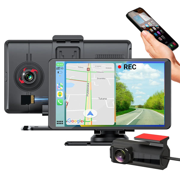 Dual dashcam display with front and rear camera recording alongside GPS navigation