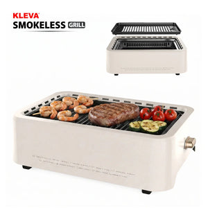 Kleva smokeless grill electric indoor tabletop grill cooking steak shrimp and vegetables