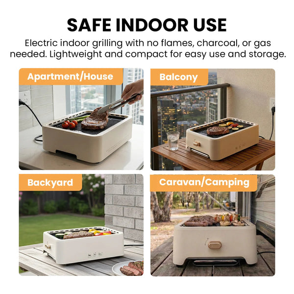 Electric smokeless grill safe for indoor use in apartment balcony backyard or camping