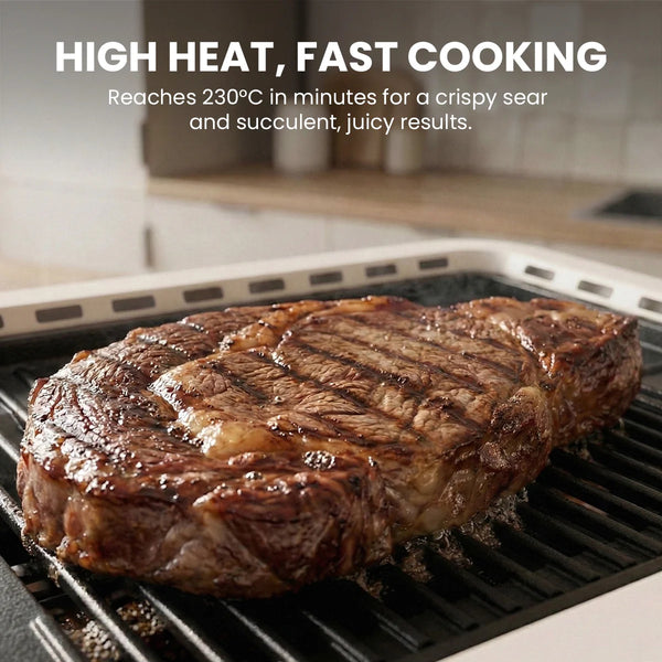 High heat electric smokeless grill searing steak with fast cooking performance