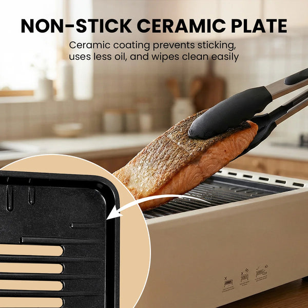 Non stick ceramic grill plate on smokeless indoor grill preventing food from sticking