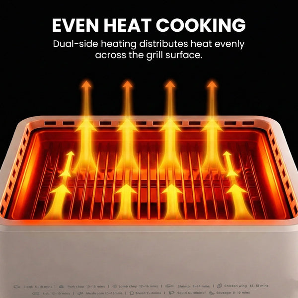 Even heat cooking system in electric smokeless grill with dual side heating elements