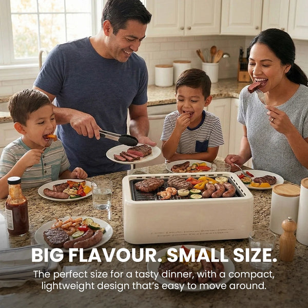 Compact smokeless tabletop grill cooking steak shrimp and vegetables for family dinner