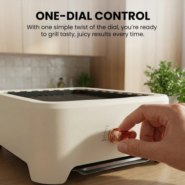 Electric smokeless grill with simple one dial temperature control knob