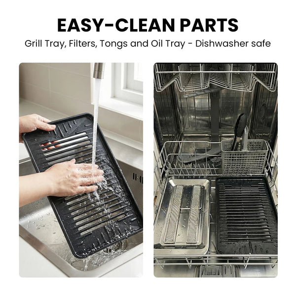 Easy clean smokeless grill parts including grill tray filters and drip tray dishwasher safe