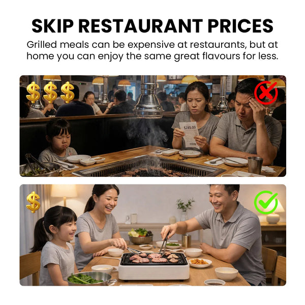 Indoor smokeless grill helping families cook meals at home instead of restaurants