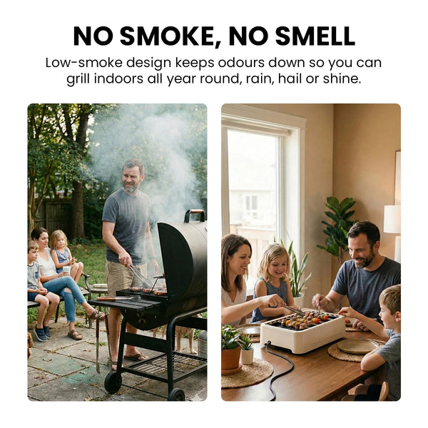 Low smoke indoor grill compared to traditional charcoal BBQ smoker grill