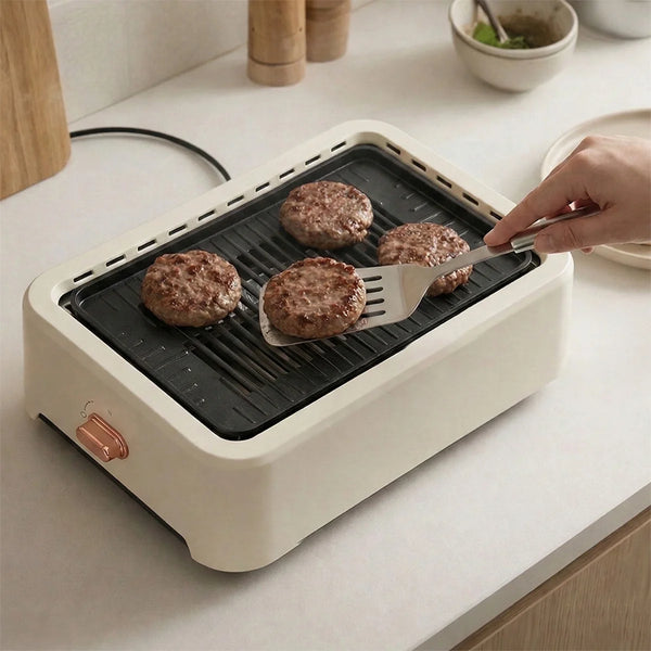 Compact indoor electric grill cooking burgers on non stick grill plate