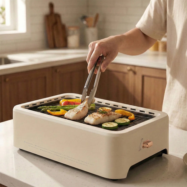 Smokeless indoor grill cooking fish and vegetables on countertop grill