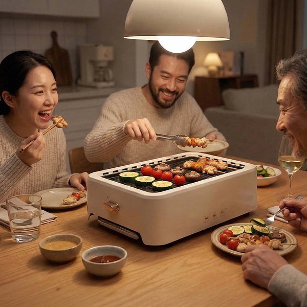 Electric tabletop smokeless grill used for indoor dinner grilling with friends
