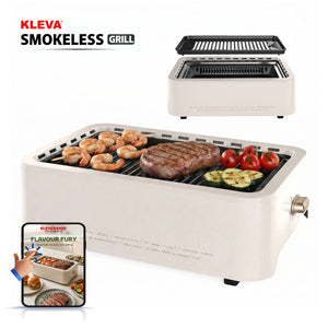 Kleva smokeless indoor grill cooking steak, prawns and vegetables with non-stick surface and low smoke electric grilling system