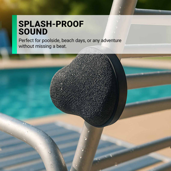 A Kleva Range SnapBeats Magsafe Portable Wireless Bluetooth Speaker is attached to a pool ladder by the water, with greenery behind. Text overlay promotes it as ideal for poolside, beach days, or any adventure.