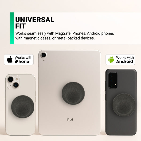 A white iPhone, silver iPad, and black Android phone each have a Kleva SnapBeats MagSafe Portable Wireless Bluetooth Speaker from Kleva Range attached, showing compatibility with MagSafe iPhones, Android phones, and metal-backed devices.