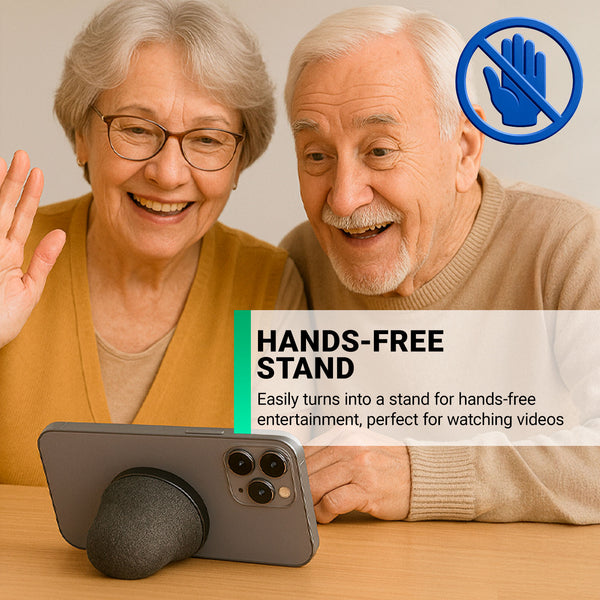 Two older adults smile and wave at a smartphone on a stand beside the Kleva Range Kleva SnapBeats Magsafe Portable Wireless Bluetooth Speakers. Text overlay: Hands-free stand—ideal for watching videos with clear sound from your SnapBeats speaker.