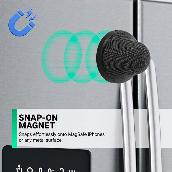 The Kleva Range SnapBeats Magsafe Portable Wireless Bluetooth Speaker, round and black with a mesh front, is magnetically attached to a stainless steel refrigerator handle. Blue magnetic wave icons highlight its “SNAP-ON MAGNET” feature.