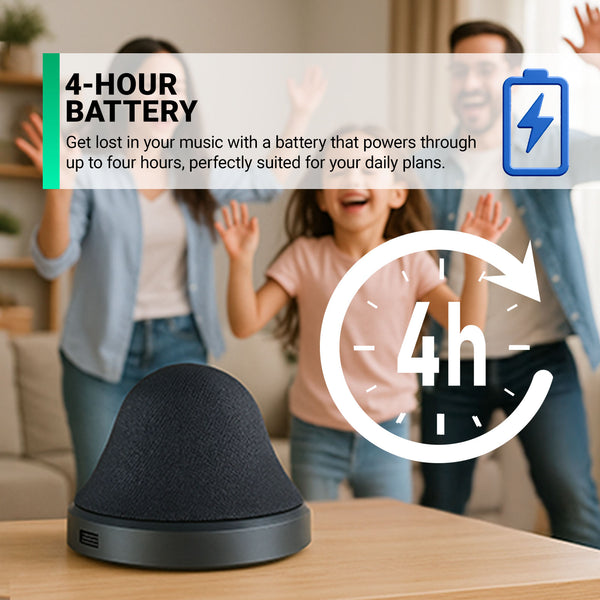 The Kleva Range SnapBeats Magsafe Portable Wireless Bluetooth Speaker, in black with a dome shape, sits on a table near a family. Enjoy music anywhere with its 4-hour battery life and splash-proof design. Battery and clock icons display "4h.
