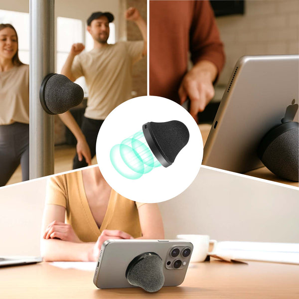 A multi-panel image shows the Kleva Range SnapBeats MagSafe Portable Wireless Bluetooth Speakers being used on a metal pole, tablet, and smartphone, with people interacting with devices at home and in the office.