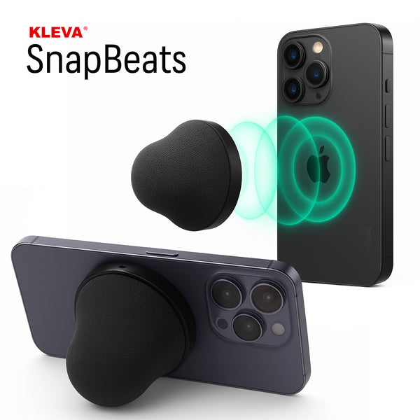 The image displays two smartphones, one upright and one flat, with a Kleva Range Kleva SnapBeats Magsafe Portable Wireless Bluetooth Speaker magnetically attached and glowing green rings showing connection. "Kleva SnapBeats" appears at the top.