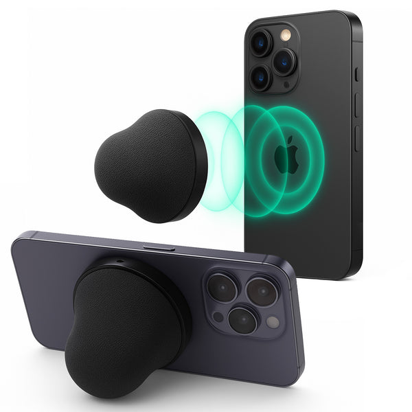 Two black iPhones feature Kleva Range's Kleva SnapBeats MagSafe Portable Wireless Bluetooth Speakers magnetically attached, with blue rings illustrating wireless connectivity for convenient, on-the-go listening.