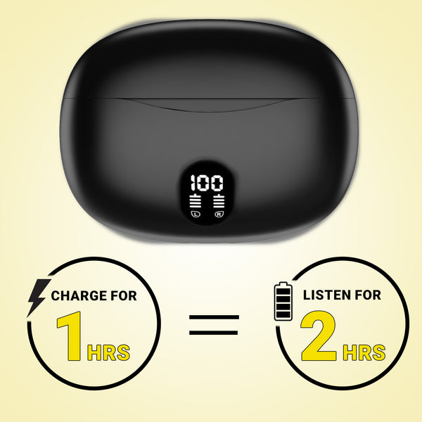 The Kleva Range True Wireless Noise Cancelling AudioPods come with a black charging case featuring a 100% digital display. Enjoy Active Noise Cancellation and get 2 hrs listening from just 1 hr charge. Yellow background with charging/listening icons shown.