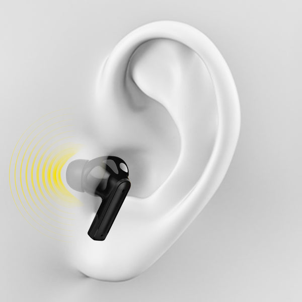 A black Kleva True Wireless Noise Cancelling AudioPod from Kleva Range is placed in a white, realistic ear model. Yellow lines highlight Active Noise Cancellation and crystal-clear calls. Buy One Get One Free with charging case.