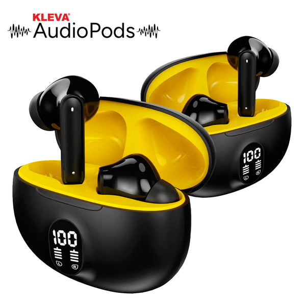Get two Kleva Range True Wireless Noise Cancelling AudioPods—each with a black and yellow charging case, LED display, and crystal-clear calls. Buy one, get one free. Brand name appears at the top left with a sound wave graphic.