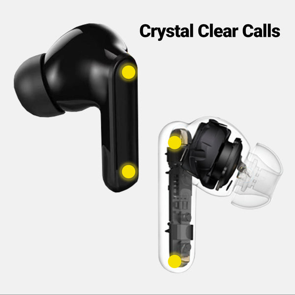 Two black Kleva True Wireless Noise Cancelling AudioPods by Kleva Range are featured; one shows Transparency Mode with visible internals and highlighted areas. "Crystal Clear Calls" is displayed in the top right corner. Buy One Get One Free offer included.