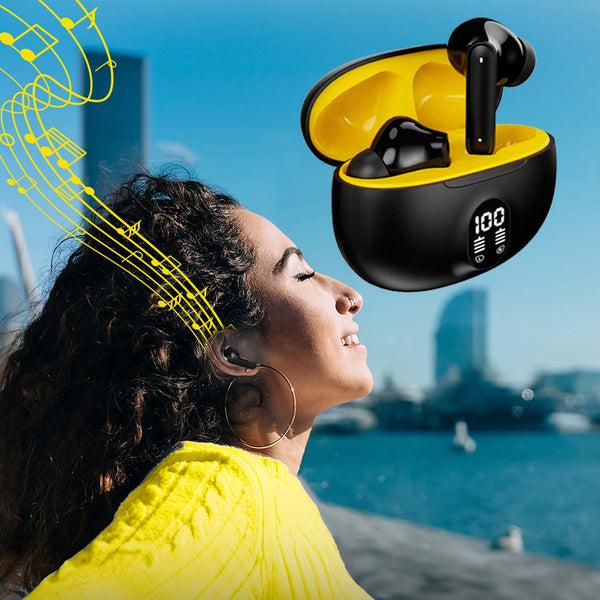 A woman in a yellow sweater enjoys the sun outdoors. Above her are Kleva Range True Wireless Noise Cancelling AudioPods with charging case, LED display, and yellow music graphic. Buy One Get One Free offer!.